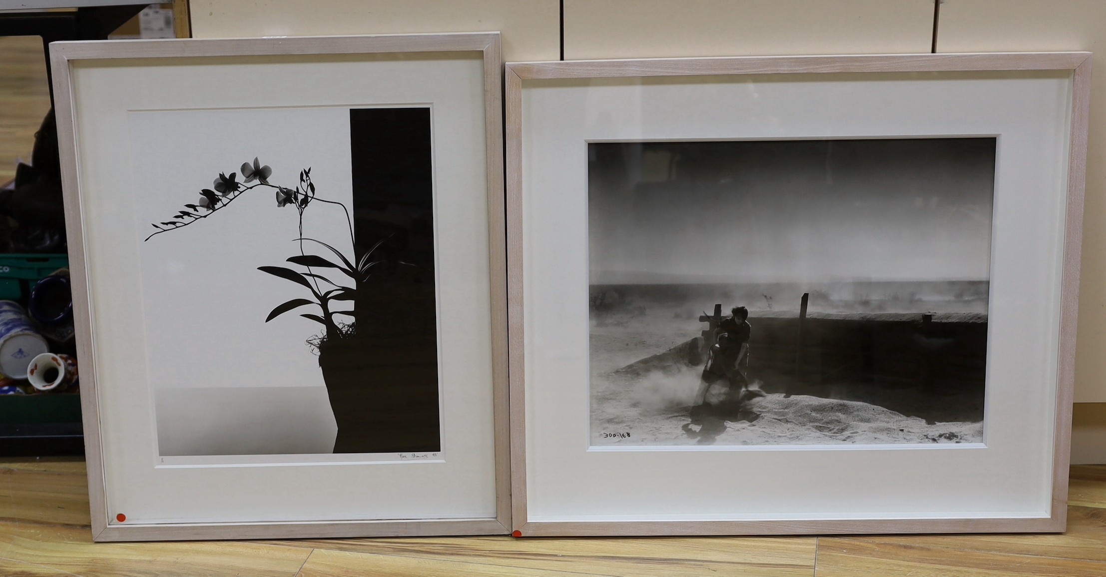Attributed to Milton Brown, black and white photograph, 'Lillian Gish for The Wind 1927', Robin Bell reprint from 2014, 42 x 54cm and a Marc Stanes black and white photograph of an orchid, signed and dated '93 and number